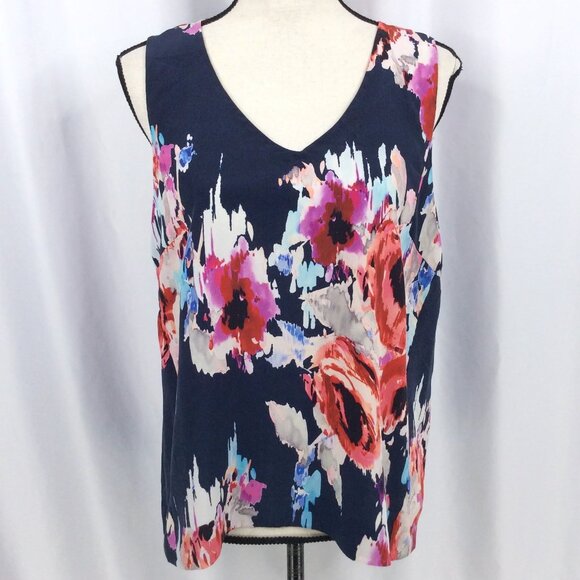 Kate Spade NY Hazy Floral Tank Top Womens Size 14 Navy Blue V-Neck 100% Silk - Picture 1 of 10